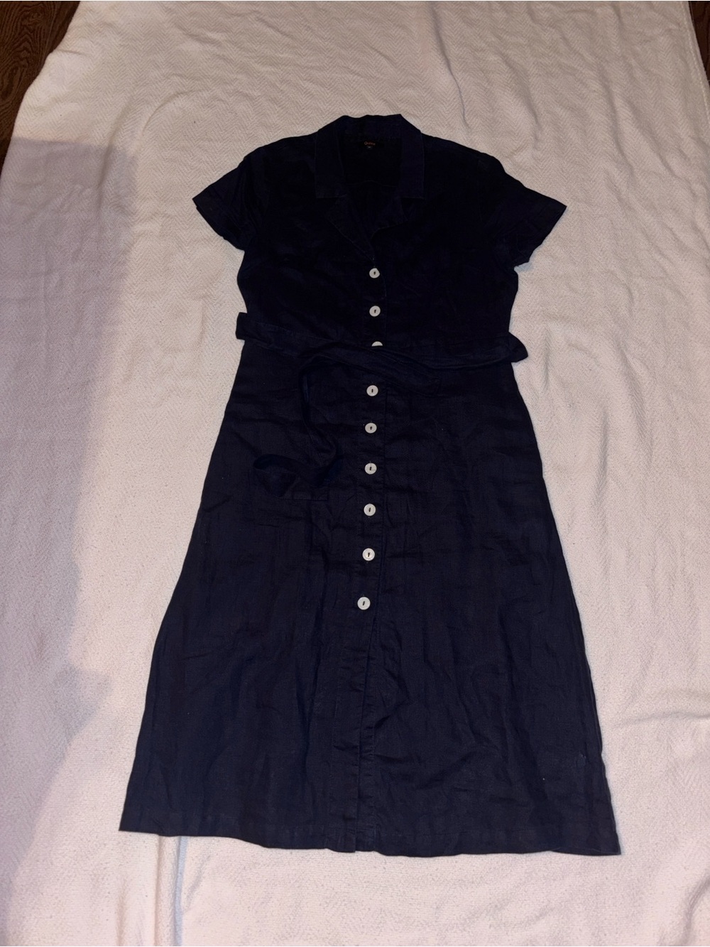 Quince Navy Button-Down Midi Shirt Dress with Self Tie